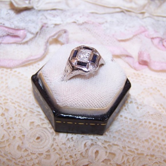 Art Deco 14K Gold Diamond Blue Sapphire Cocktail Ring - Size 4.25 - Picture 4 of 10